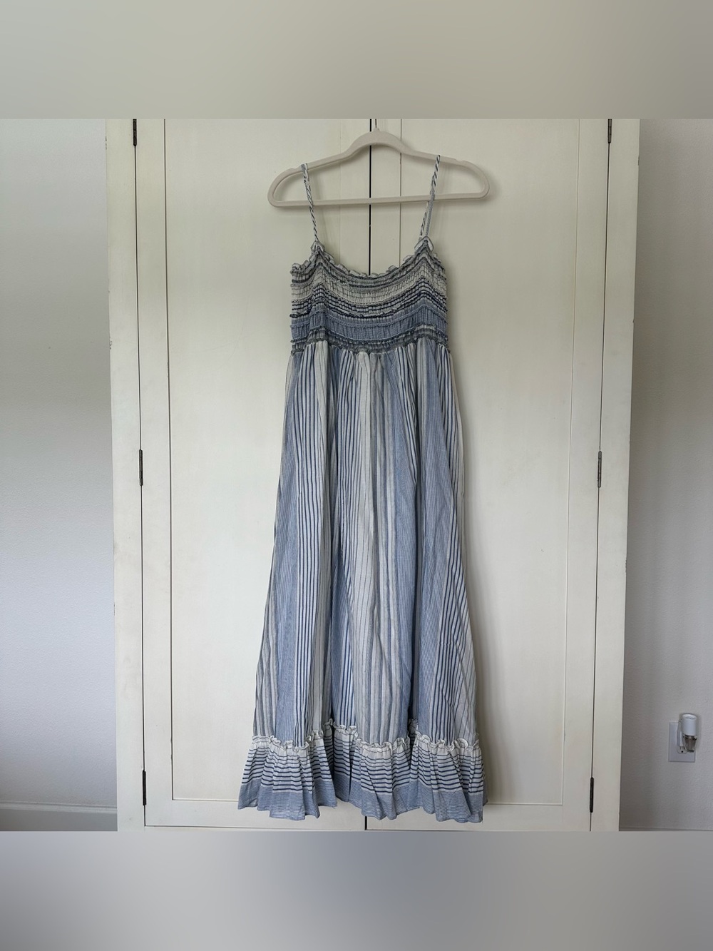 Max Studio Blue And White Smocked Maxi Dress Size M 100% Cotton NWT